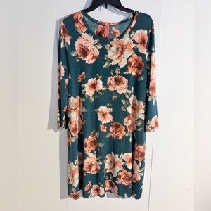Honeyme Teal and Pink Floral Long Sleeve Dress
